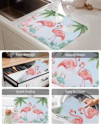 Dish Drying Mat for Kitchen Counter,Coastal Flamingo Pink Rose Absorbent Microfiber Drainer Rack Pad Light Blue Background Quick Dry Mat for Sinks Dishes Utensils 16x18in,1 Pack