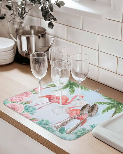 Dish Drying Mat for Kitchen Counter,Coastal Flamingo Pink Rose Absorbent Microfiber Drainer Rack Pad Light Blue Background Quick Dry Mat for Sinks Dishes Utensils 16x18in,1 Pack