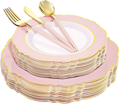 30Guest Pink Plates Disposable - Hign-end Baroque Design - Gold Plastic Silverware with Handle-Baroque Pink &Gold Plastic Dinnerware for Baby Shower/Wedding/Birthday/Summer Party