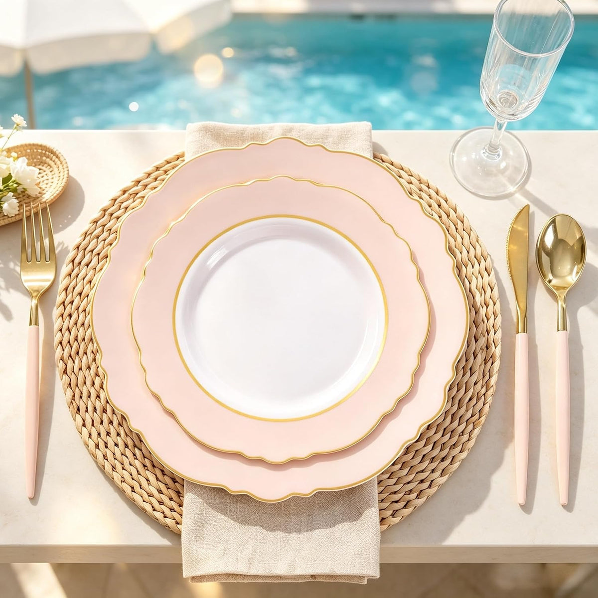 30Guest Pink Plates Disposable - Hign-end Baroque Design - Gold Plastic Silverware with Handle-Baroque Pink &Gold Plastic Dinnerware for Baby Shower/Wedding/Birthday/Summer Party