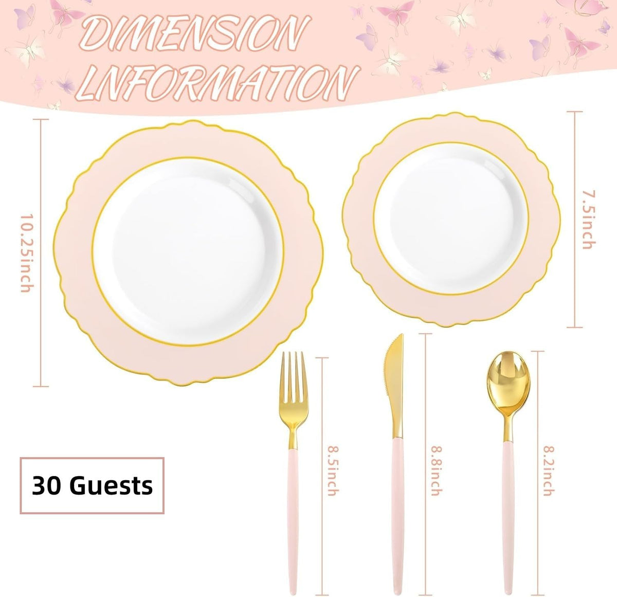 30Guest Pink Plates Disposable - Hign-end Baroque Design - Gold Plastic Silverware with Handle-Baroque Pink &Gold Plastic Dinnerware for Baby Shower/Wedding/Birthday/Summer Party
