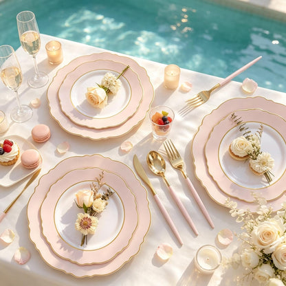 30Guest Pink Plates Disposable - Hign-end Baroque Design - Gold Plastic Silverware with Handle-Baroque Pink &Gold Plastic Dinnerware for Baby Shower/Wedding/Birthday/Summer Party