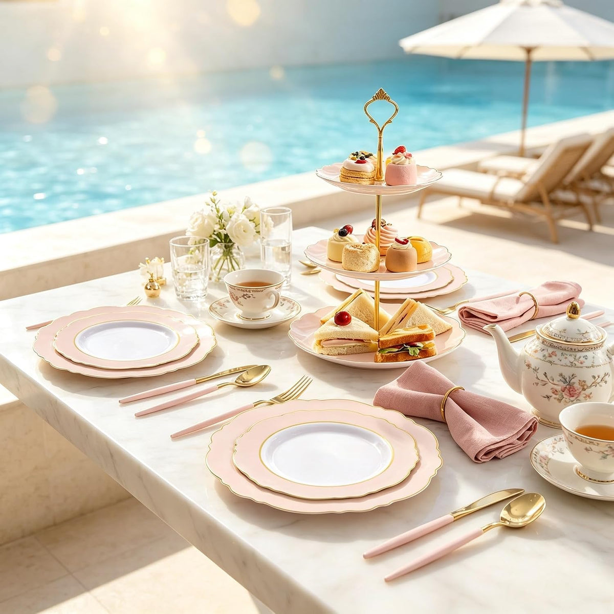 30Guest Pink Plates Disposable - Hign-end Baroque Design - Gold Plastic Silverware with Handle-Baroque Pink &Gold Plastic Dinnerware for Baby Shower/Wedding/Birthday/Summer Party