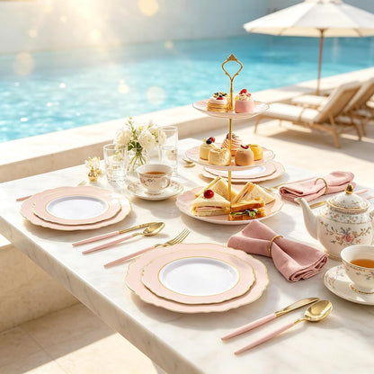 30Guest Pink Plates Disposable - Hign-end Baroque Design - Gold Plastic Silverware with Handle-Baroque Pink &Gold Plastic Dinnerware for Baby Shower/Wedding/Birthday/Summer Party