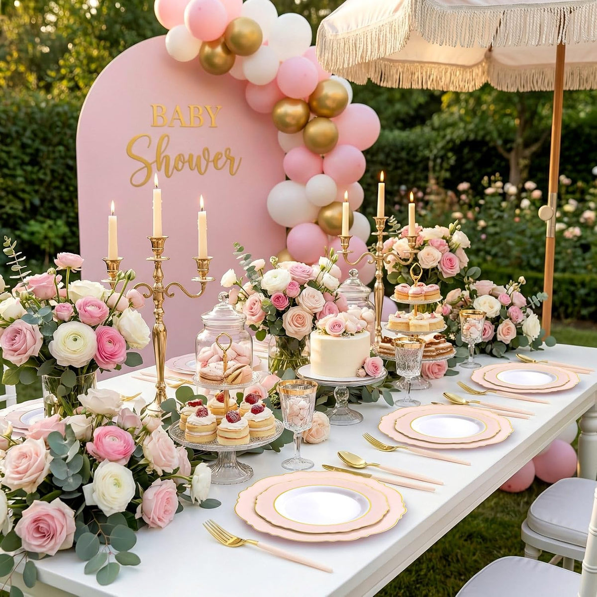 30Guest Pink Plates Disposable - Hign-end Baroque Design - Gold Plastic Silverware with Handle-Baroque Pink &Gold Plastic Dinnerware for Baby Shower/Wedding/Birthday/Summer Party
