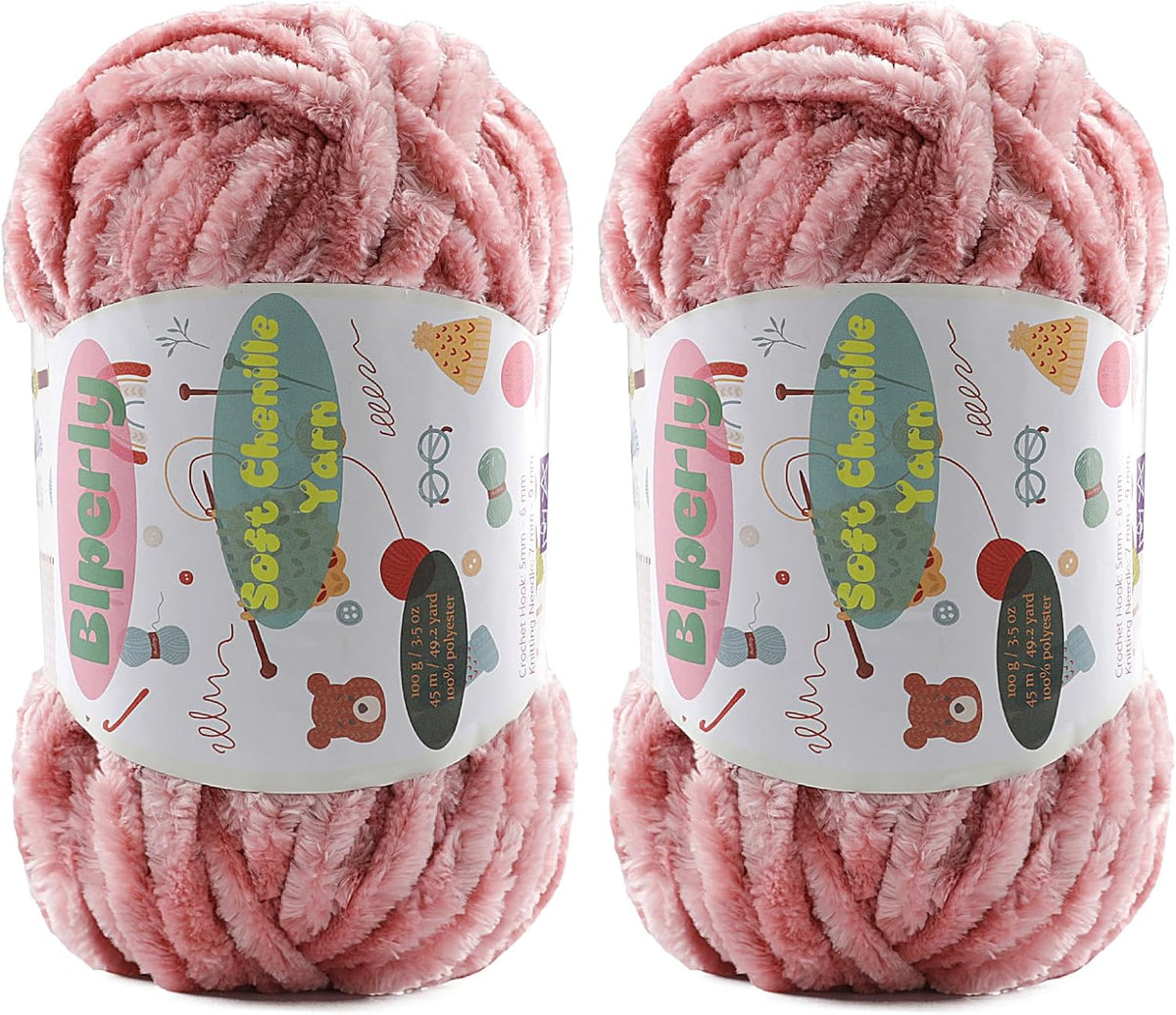 2 * 100g Fluffy Chenille Yarn for Crocheting - Chunky Velvet Yarn for Scarves Shawls, Baby Blankets, Hats Plush Toys, Plush Yarns Each Skein 49.2yd, (2, Peach Pink)