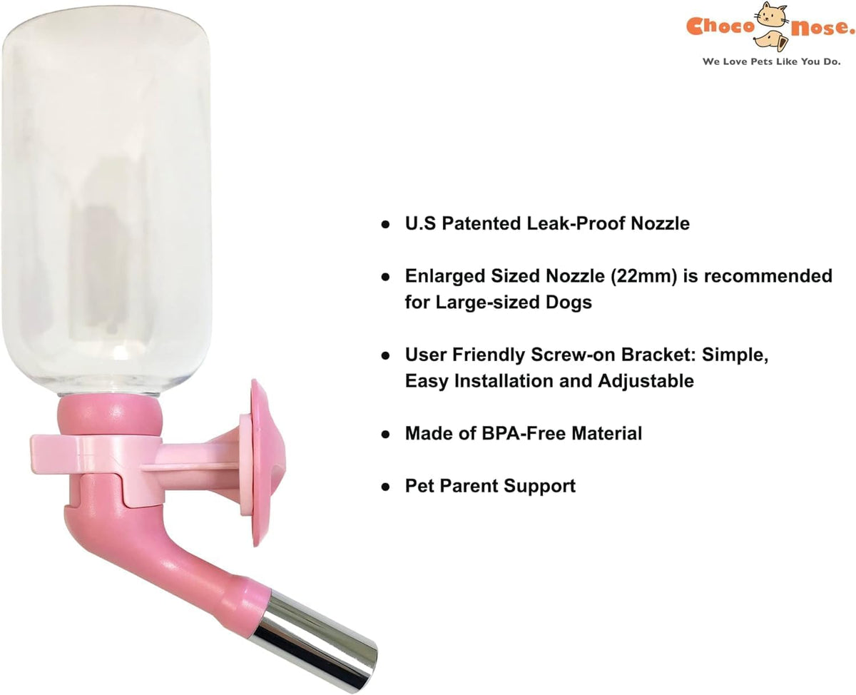 Choco Nose No-Drip Water Bottle for Large Dogs (Over 50 lb) – Leak-Proof Patented 22mm Nozzle Helps Prevent Mess & Spills, BPA Free Cage & Crate Mount Feeder for Kennels, 16.9 fl oz (C570)