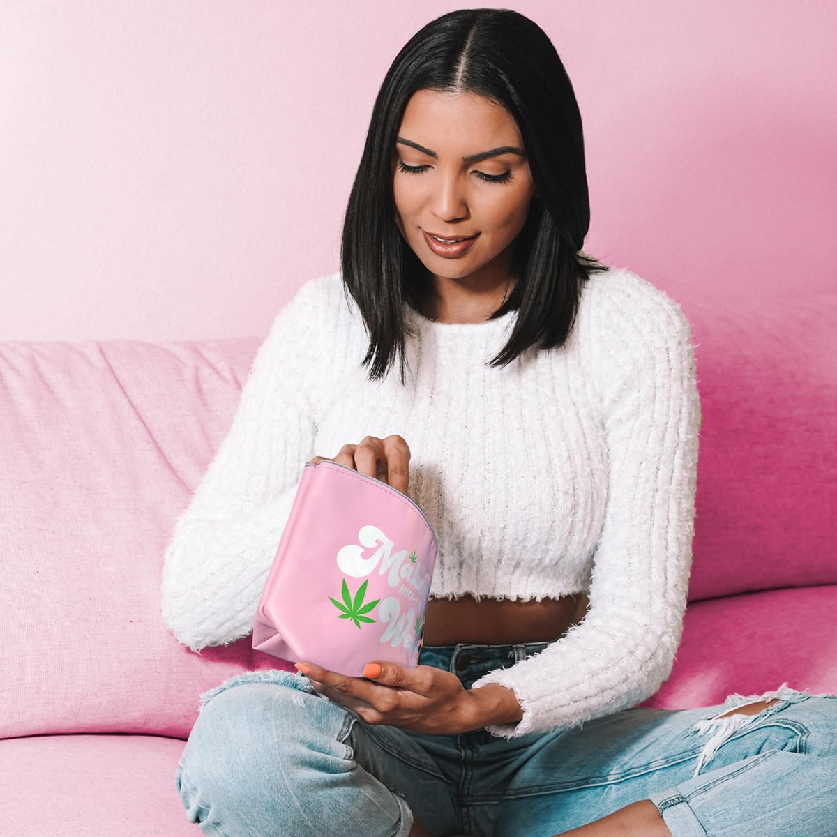 Vegan Leather Might Be Makeup Bag Cute Pink Girly Girl Christmas Gift for Women Mom Best Friend Birthday Sister Things Y2K 2000s McBling Stuff Small Cosmetic Pouch Toiletry Make Up Purse Accessories