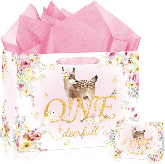 Deer 1st Gift Bag for Girls Pink One Birthday Wrap Bag with Card Tissue Paper Floral First Birthday Wrapping Paper for One Year Old Baby Shower Party Favors Gold OneDeerful Decorations Supplies