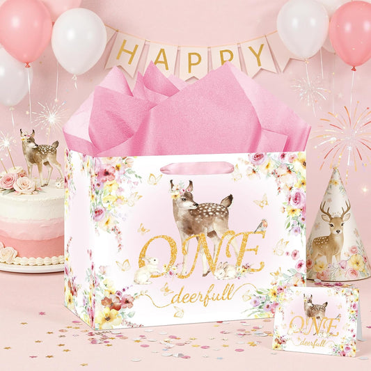 Deer 1st Gift Bag for Girls Pink One Birthday Wrap Bag with Card Tissue Paper Floral First Birthday Wrapping Paper for One Year Old Baby Shower Party Favors Gold OneDeerful Decorations Supplies