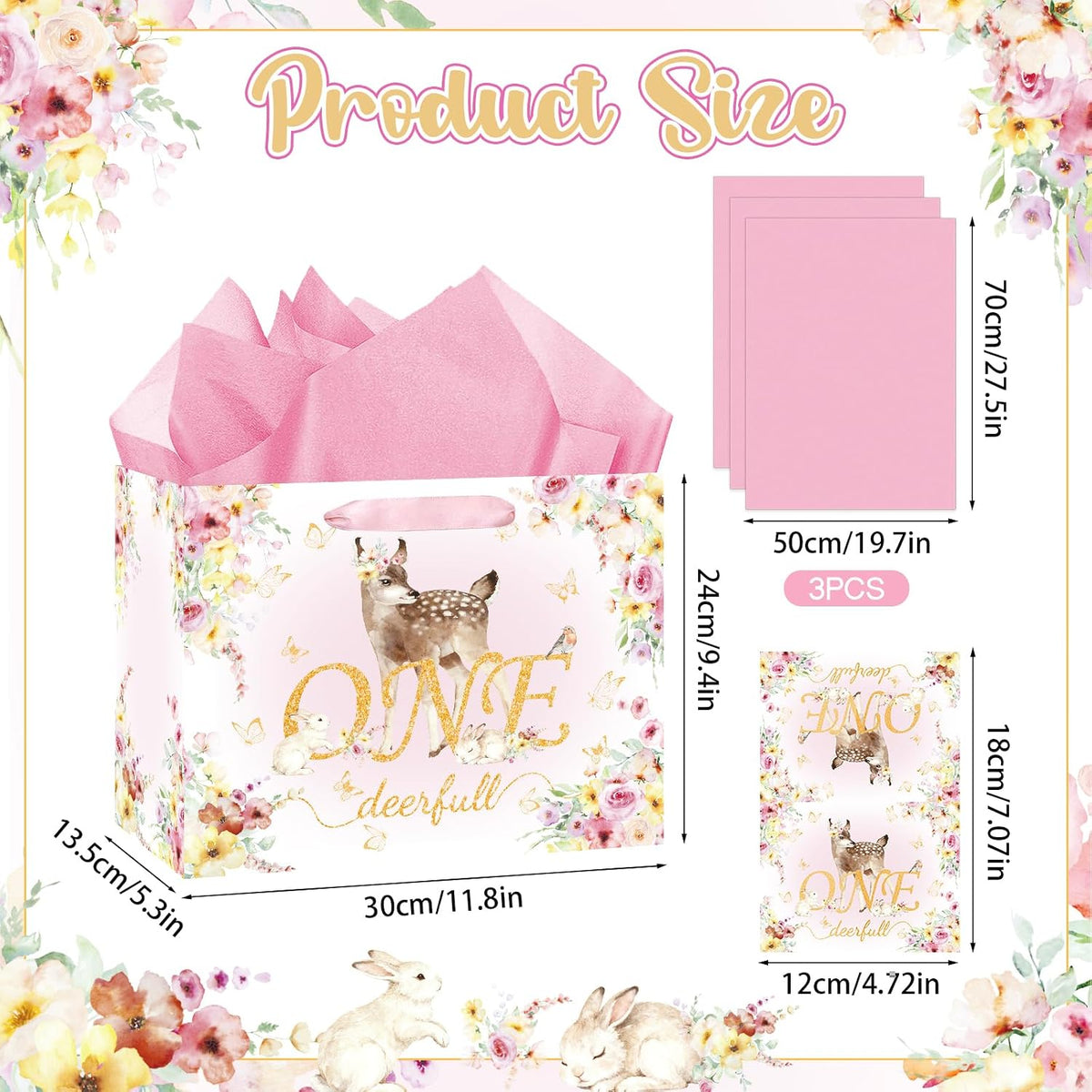 Deer 1st Gift Bag for Girls Pink One Birthday Wrap Bag with Card Tissue Paper Floral First Birthday Wrapping Paper for One Year Old Baby Shower Party Favors Gold OneDeerful Decorations Supplies