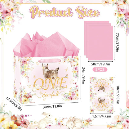 Deer 1st Gift Bag for Girls Pink One Birthday Wrap Bag with Card Tissue Paper Floral First Birthday Wrapping Paper for One Year Old Baby Shower Party Favors Gold OneDeerful Decorations Supplies