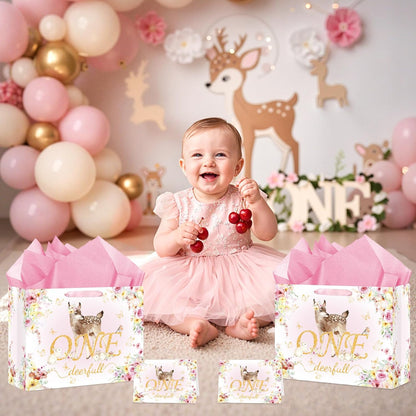 Deer 1st Gift Bag for Girls Pink One Birthday Wrap Bag with Card Tissue Paper Floral First Birthday Wrapping Paper for One Year Old Baby Shower Party Favors Gold OneDeerful Decorations Supplies