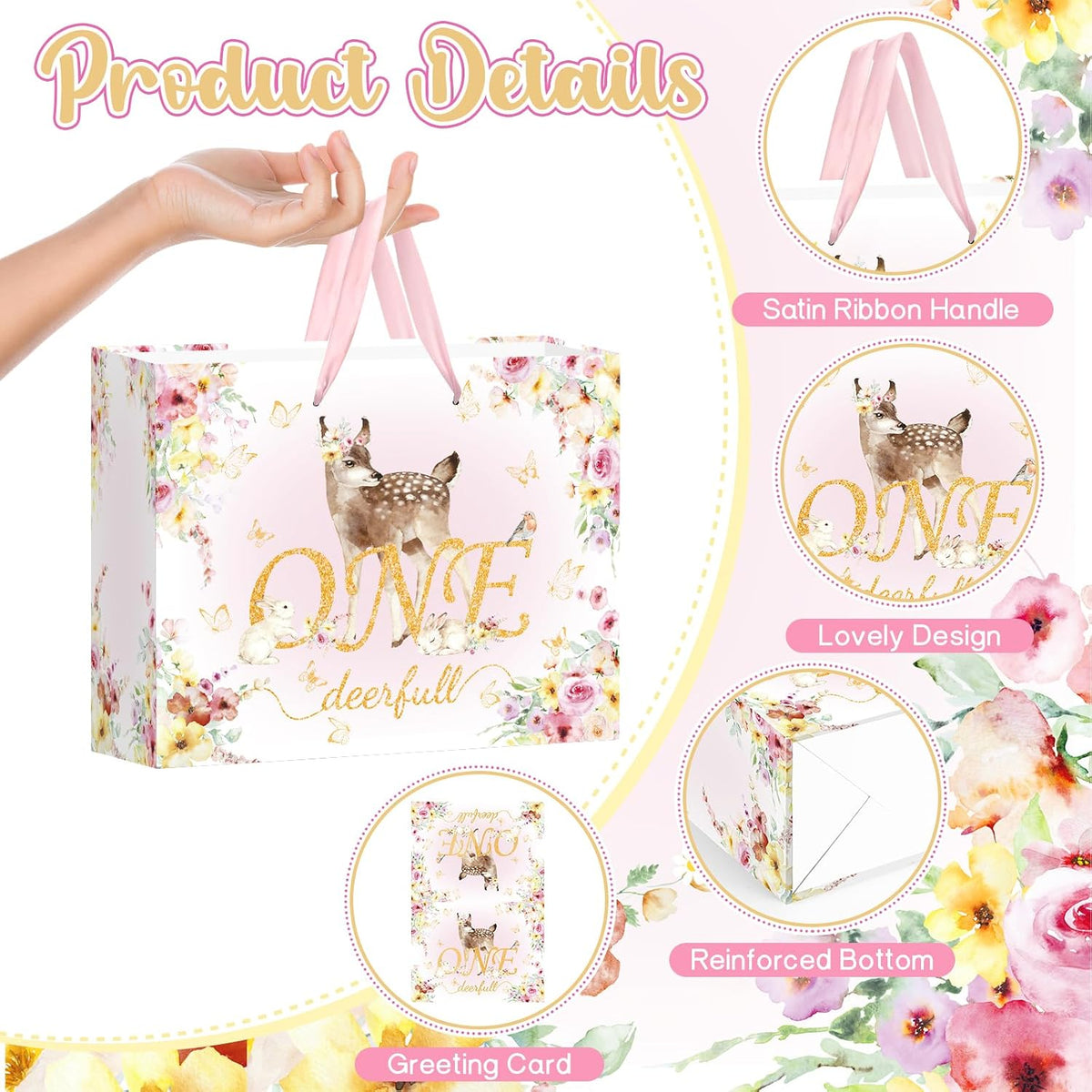 Deer 1st Gift Bag for Girls Pink One Birthday Wrap Bag with Card Tissue Paper Floral First Birthday Wrapping Paper for One Year Old Baby Shower Party Favors Gold OneDeerful Decorations Supplies