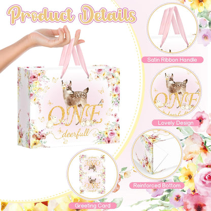 Deer 1st Gift Bag for Girls Pink One Birthday Wrap Bag with Card Tissue Paper Floral First Birthday Wrapping Paper for One Year Old Baby Shower Party Favors Gold OneDeerful Decorations Supplies