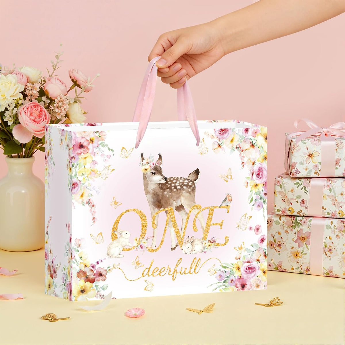 Deer 1st Gift Bag for Girls Pink One Birthday Wrap Bag with Card Tissue Paper Floral First Birthday Wrapping Paper for One Year Old Baby Shower Party Favors Gold OneDeerful Decorations Supplies