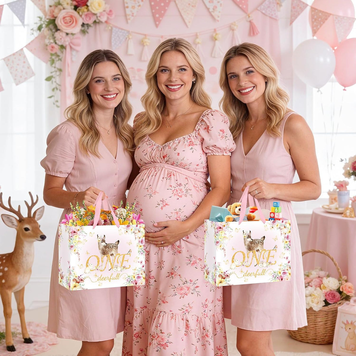Deer 1st Gift Bag for Girls Pink One Birthday Wrap Bag with Card Tissue Paper Floral First Birthday Wrapping Paper for One Year Old Baby Shower Party Favors Gold OneDeerful Decorations Supplies