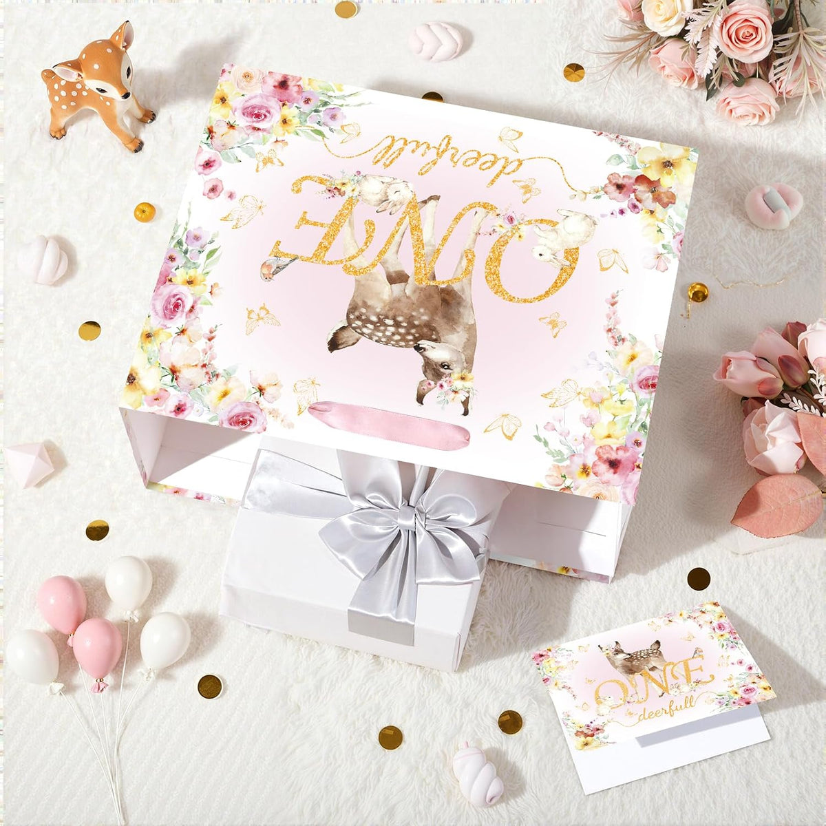 Deer 1st Gift Bag for Girls Pink One Birthday Wrap Bag with Card Tissue Paper Floral First Birthday Wrapping Paper for One Year Old Baby Shower Party Favors Gold OneDeerful Decorations Supplies
