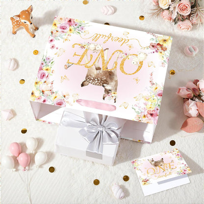 Deer 1st Gift Bag for Girls Pink One Birthday Wrap Bag with Card Tissue Paper Floral First Birthday Wrapping Paper for One Year Old Baby Shower Party Favors Gold OneDeerful Decorations Supplies