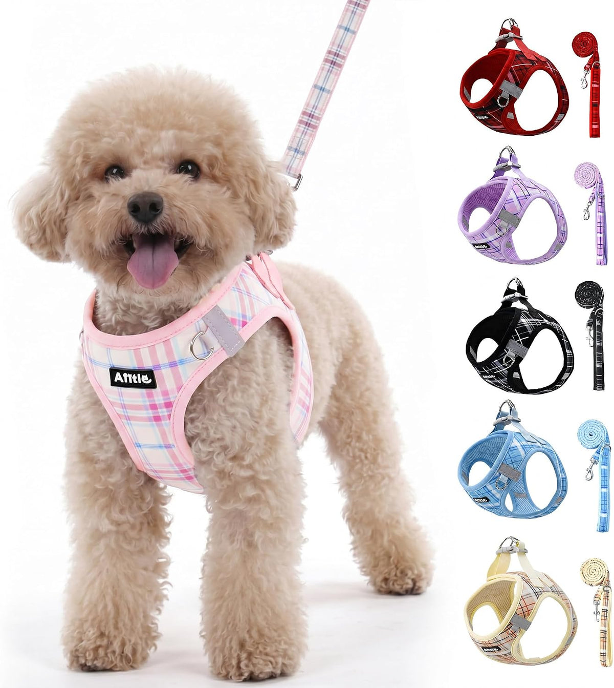 AIITLE Step in Dog Harness and Leash Set Plaid Adjustable, Pink S