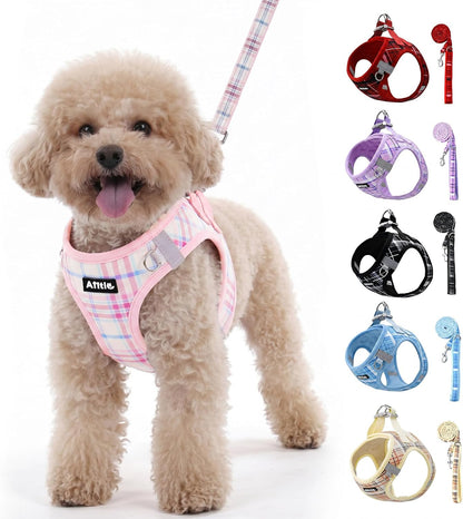 AIITLE Step in Dog Harness and Leash Set Plaid Adjustable, Pink S