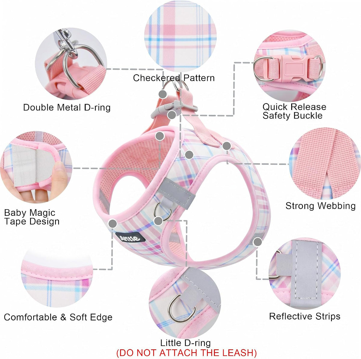 AIITLE Step in Dog Harness and Leash Set Plaid Adjustable, Pink S