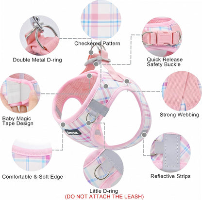AIITLE Step in Dog Harness and Leash Set Plaid Adjustable, Pink S