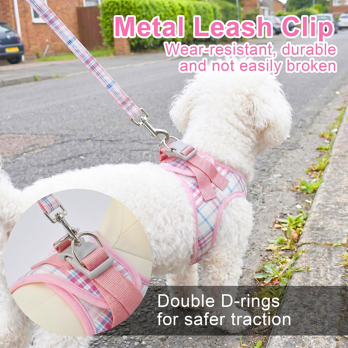 AIITLE Step in Dog Harness and Leash Set Plaid Adjustable, Pink S