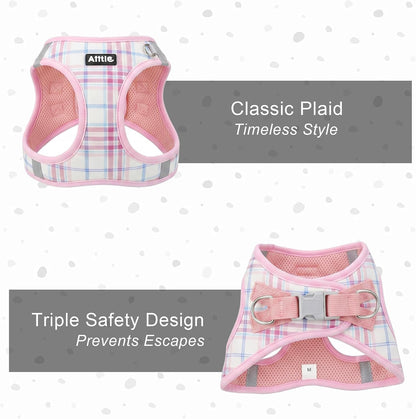 AIITLE Step in Dog Harness and Leash Set Plaid Adjustable, Pink S
