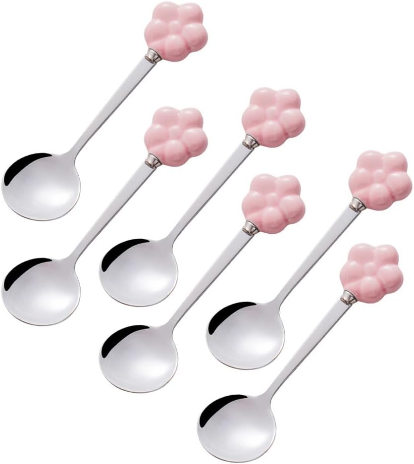 (6 Pieces) Ceramic Flower Stainless Steel Spoon Soup Spoon Dessert Coffee Tea Spoon Small Round Spoon Small Spoon (Pink)