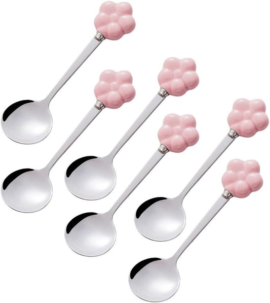 (6 Pieces) Ceramic Flower Stainless Steel Spoon Soup Spoon Dessert Coffee Tea Spoon Small Round Spoon Small Spoon (Pink)