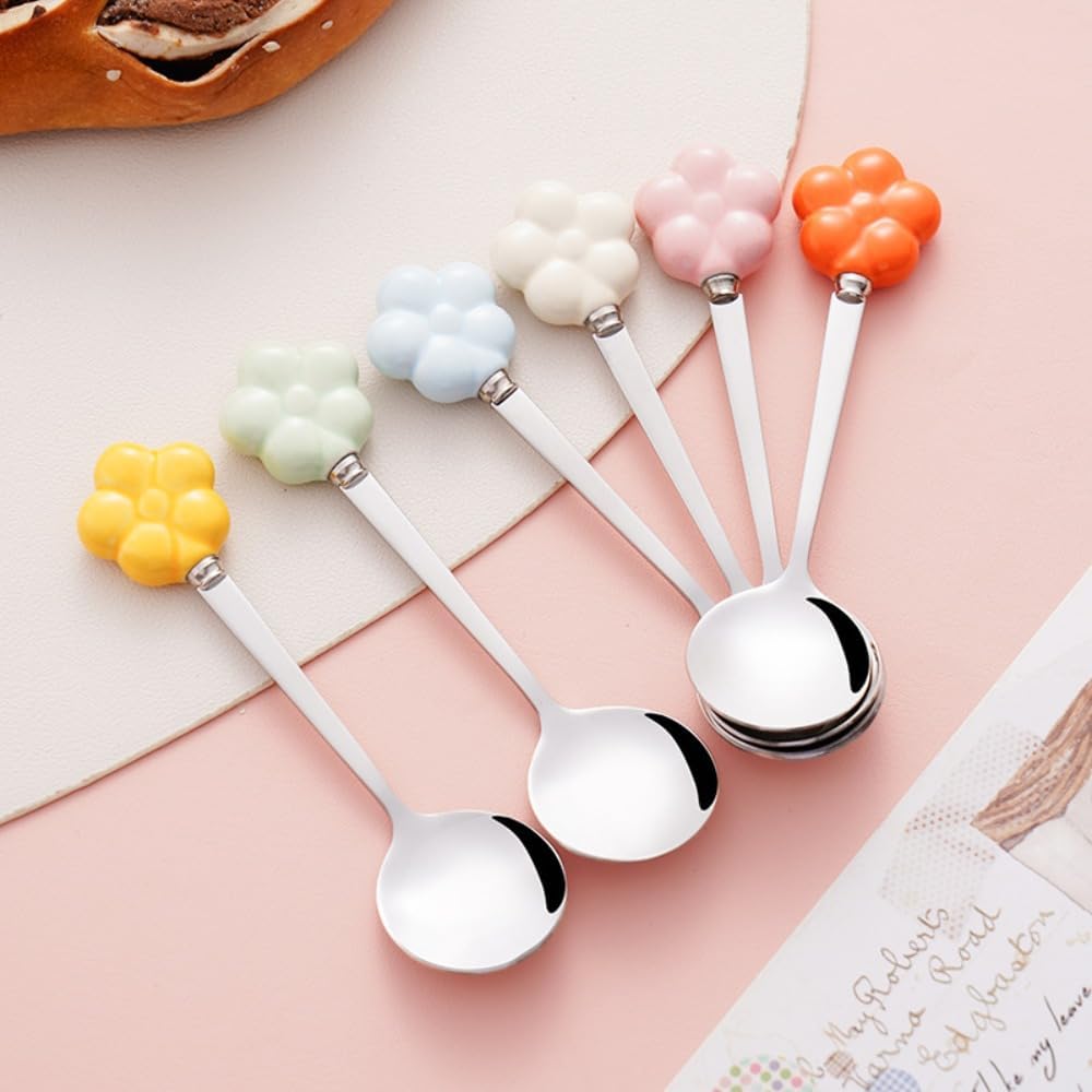 (6 Pieces) Ceramic Flower Stainless Steel Spoon Soup Spoon Dessert Coffee Tea Spoon Small Round Spoon Small Spoon (Pink)