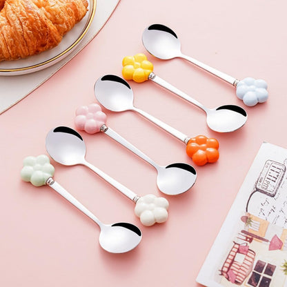 (6 Pieces) Ceramic Flower Stainless Steel Spoon Soup Spoon Dessert Coffee Tea Spoon Small Round Spoon Small Spoon (Pink)