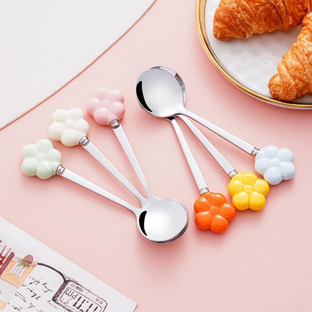 (6 Pieces) Ceramic Flower Stainless Steel Spoon Soup Spoon Dessert Coffee Tea Spoon Small Round Spoon Small Spoon (Pink)