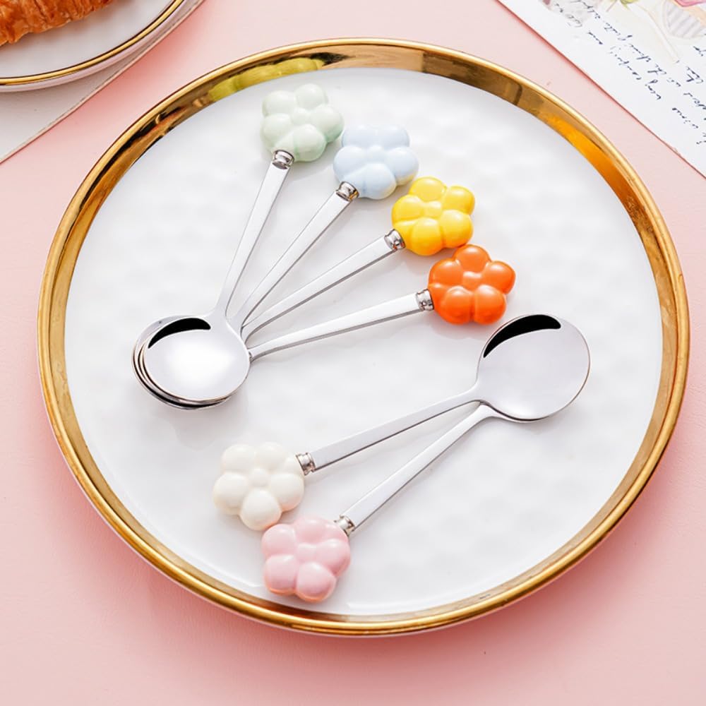 (6 Pieces) Ceramic Flower Stainless Steel Spoon Soup Spoon Dessert Coffee Tea Spoon Small Round Spoon Small Spoon (Pink)