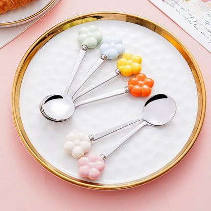 (6 Pieces) Ceramic Flower Stainless Steel Spoon Soup Spoon Dessert Coffee Tea Spoon Small Round Spoon Small Spoon (Pink)