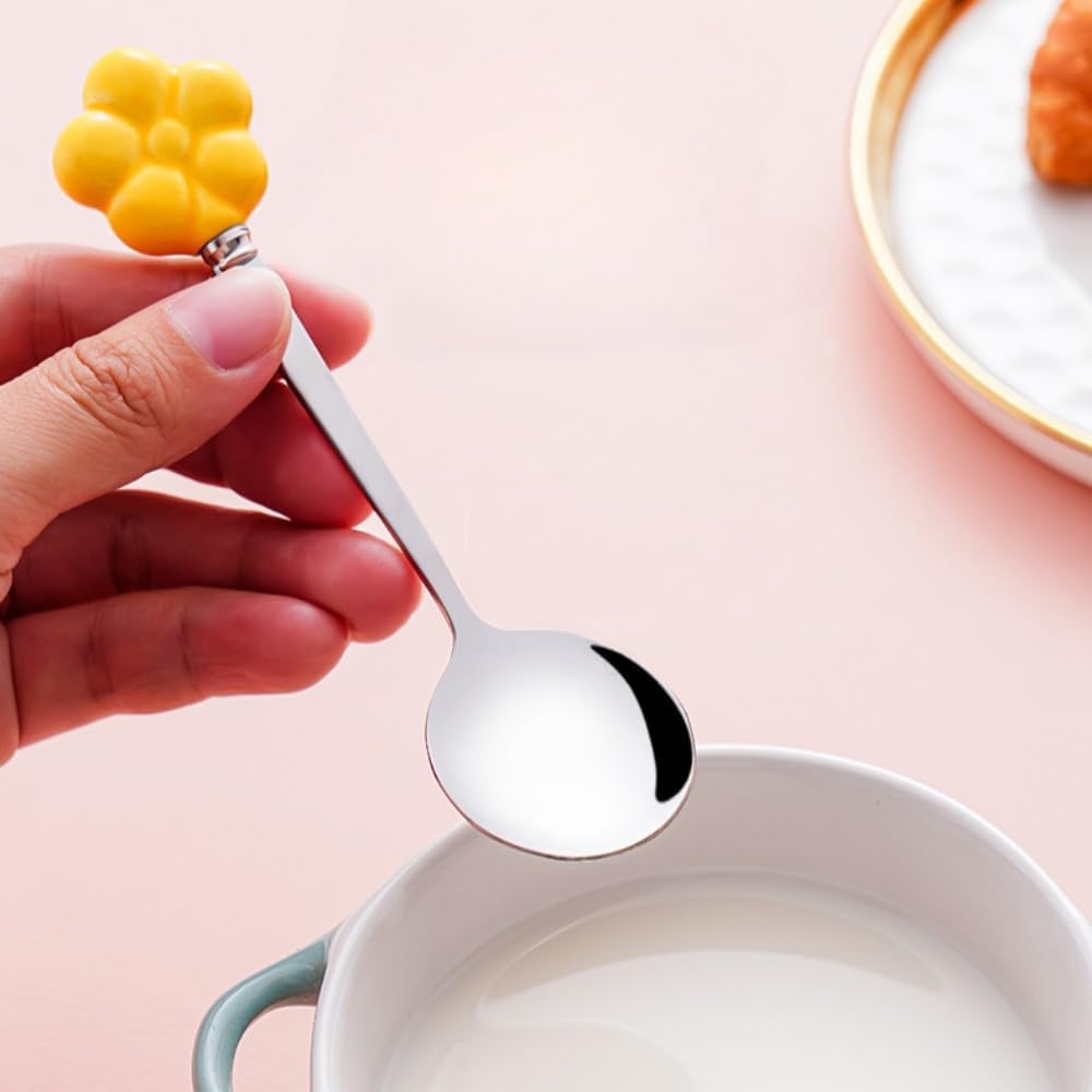 (6 Pieces) Ceramic Flower Stainless Steel Spoon Soup Spoon Dessert Coffee Tea Spoon Small Round Spoon Small Spoon (Pink)