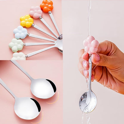 (6 Pieces) Ceramic Flower Stainless Steel Spoon Soup Spoon Dessert Coffee Tea Spoon Small Round Spoon Small Spoon (Pink)