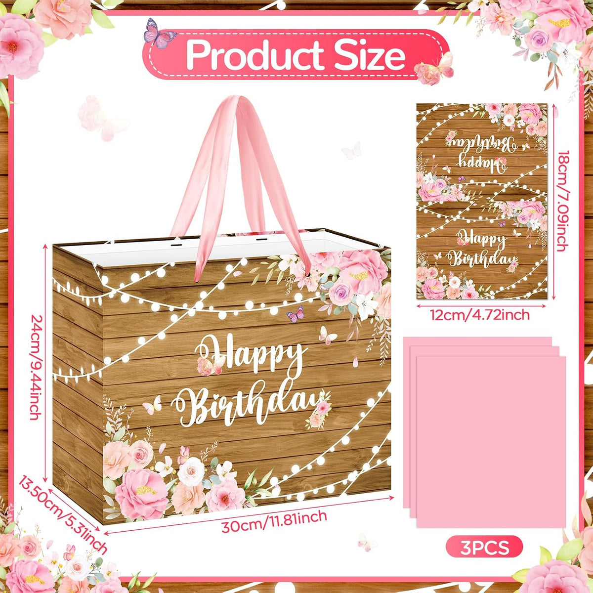 Pink Floral Happy Birthday Gift Bag for Women Spring Butterfly Wrapping Bag with Tissue Papers and Card Set Rustic Wooden Flower Wrap Gift Goodie Bags for Girls Birthday Anniversary Party Supplies