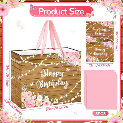 Pink Floral Happy Birthday Gift Bag for Women Spring Butterfly Wrapping Bag with Tissue Papers and Card Set Rustic Wooden Flower Wrap Gift Goodie Bags for Girls Birthday Anniversary Party Supplies