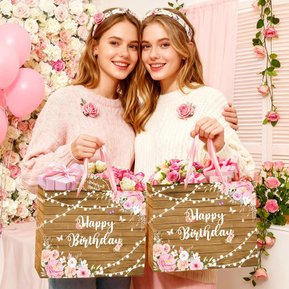 Pink Floral Happy Birthday Gift Bag for Women Spring Butterfly Wrapping Bag with Tissue Papers and Card Set Rustic Wooden Flower Wrap Gift Goodie Bags for Girls Birthday Anniversary Party Supplies