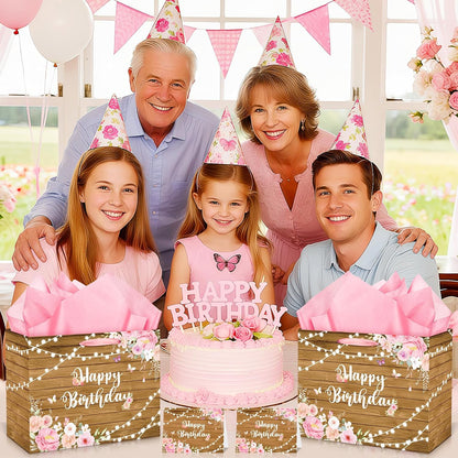 Pink Floral Happy Birthday Gift Bag for Women Spring Butterfly Wrapping Bag with Tissue Papers and Card Set Rustic Wooden Flower Wrap Gift Goodie Bags for Girls Birthday Anniversary Party Supplies