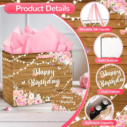Pink Floral Happy Birthday Gift Bag for Women Spring Butterfly Wrapping Bag with Tissue Papers and Card Set Rustic Wooden Flower Wrap Gift Goodie Bags for Girls Birthday Anniversary Party Supplies