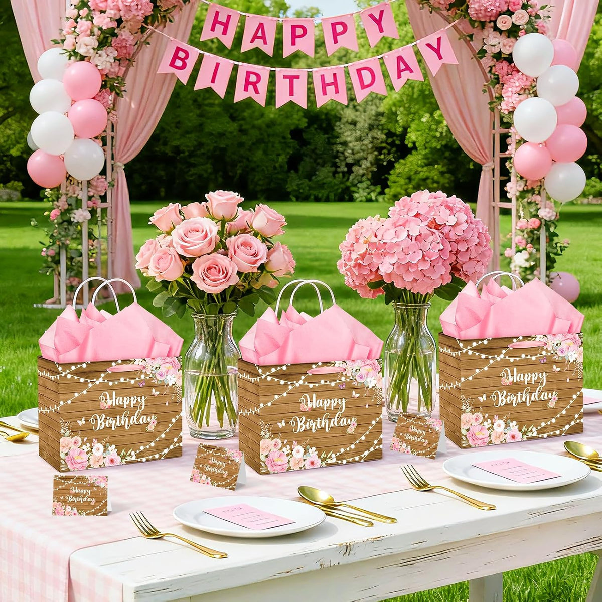 Pink Floral Happy Birthday Gift Bag for Women Spring Butterfly Wrapping Bag with Tissue Papers and Card Set Rustic Wooden Flower Wrap Gift Goodie Bags for Girls Birthday Anniversary Party Supplies