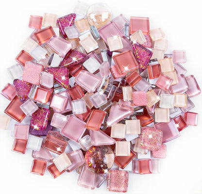 Mosaic Tiles, Bulk Glass Mosaic Pieces, Irregular Sparkling Tiles, Mosaic Kits for Glass Mosaic Tiles for Crafts DIY Art,Frames,Vases Filler,Aquarium Home Decor, 200g/7oz (Red&Pink)