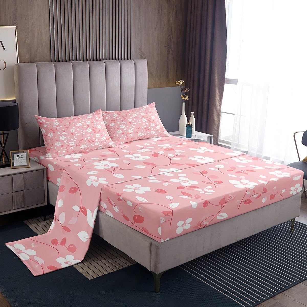 Peach Blossom Bedding Set King Size,Pink White Floral Bed Sheet 4Pcs,Romantic Exotic Flat Sheet + Fitted Sheet for Kids Girls Woman Adult Room Decor,Soft Sweet Modern Bottom Sheet,2 Pillowcases