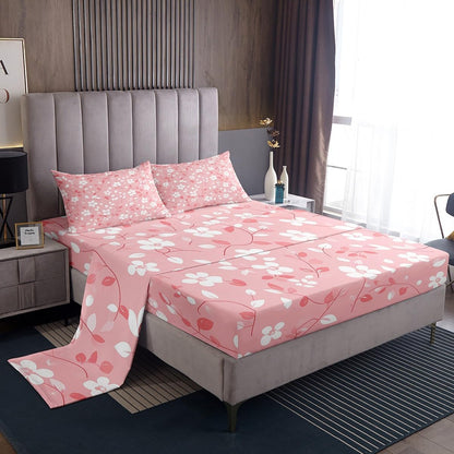 Peach Blossom Bedding Set King Size,Pink White Floral Bed Sheet 4Pcs,Romantic Exotic Flat Sheet + Fitted Sheet for Kids Girls Woman Adult Room Decor,Soft Sweet Modern Bottom Sheet,2 Pillowcases