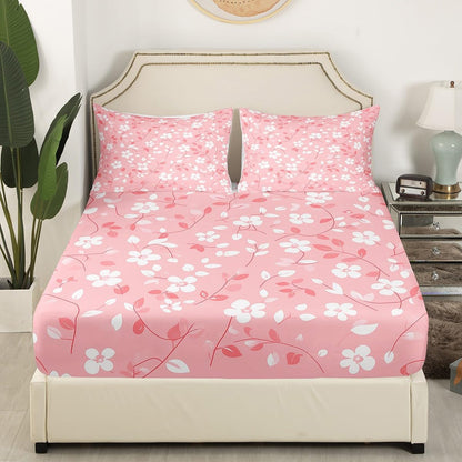 Peach Blossom Bedding Set King Size,Pink White Floral Bed Sheet 4Pcs,Romantic Exotic Flat Sheet + Fitted Sheet for Kids Girls Woman Adult Room Decor,Soft Sweet Modern Bottom Sheet,2 Pillowcases