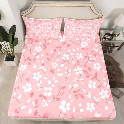 Peach Blossom Bedding Set King Size,Pink White Floral Bed Sheet 4Pcs,Romantic Exotic Flat Sheet + Fitted Sheet for Kids Girls Woman Adult Room Decor,Soft Sweet Modern Bottom Sheet,2 Pillowcases