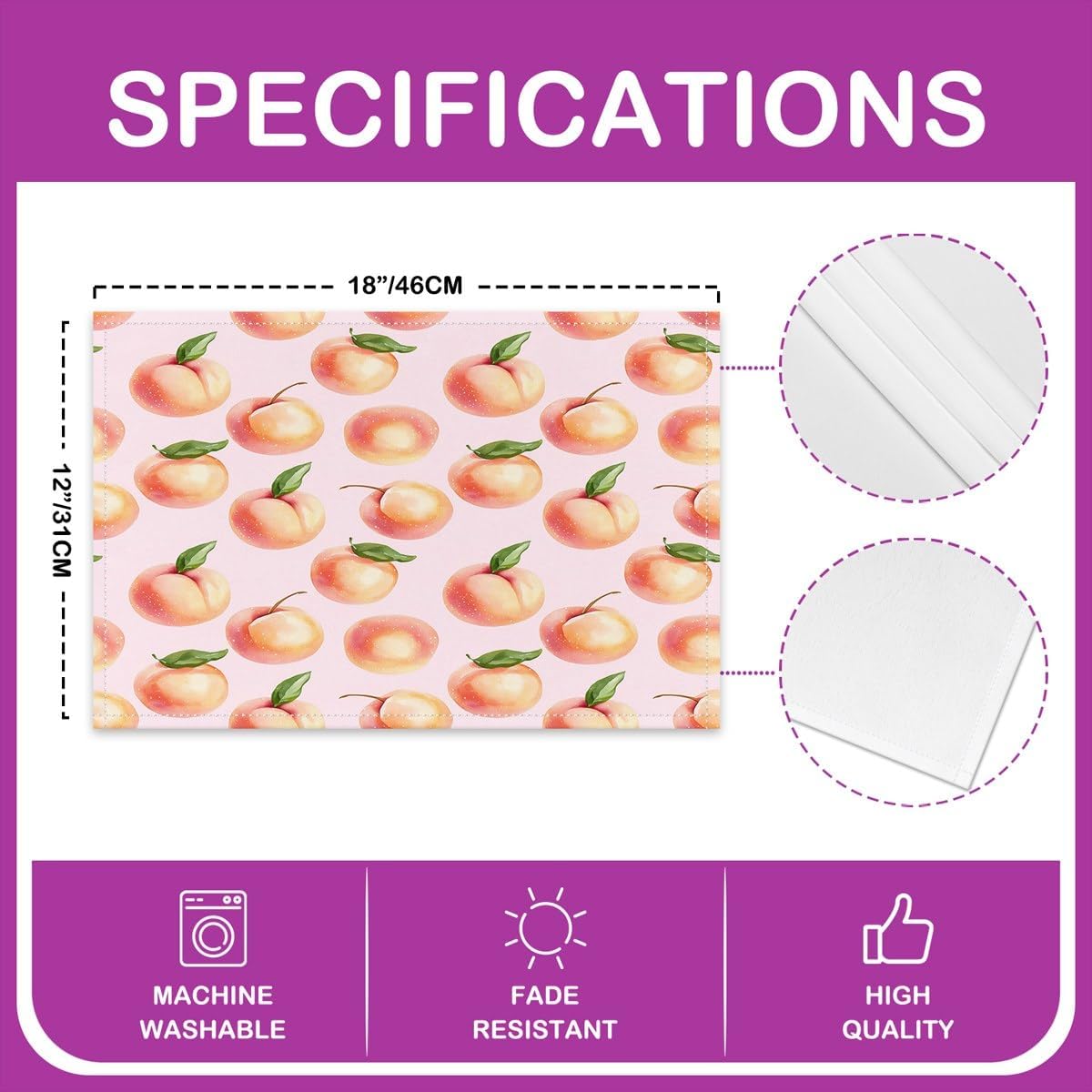 Peach Placemats Set of 4 for Kids Boys Girls Cute Fruit Placemat for Kitchen Dining Table Decor Indoor Outdoor 18"x12" Kawaii Fresh Peaches Table Placemats Decor Soft Lightweight Fruit